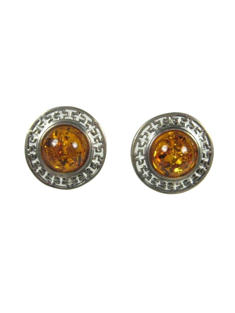 JD Signed Vintage Sterling Silver Amber Clip On Earrings Round 925